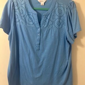 Liz Claiborne Blue Short Sleeve Blouse with Mandarin Collar